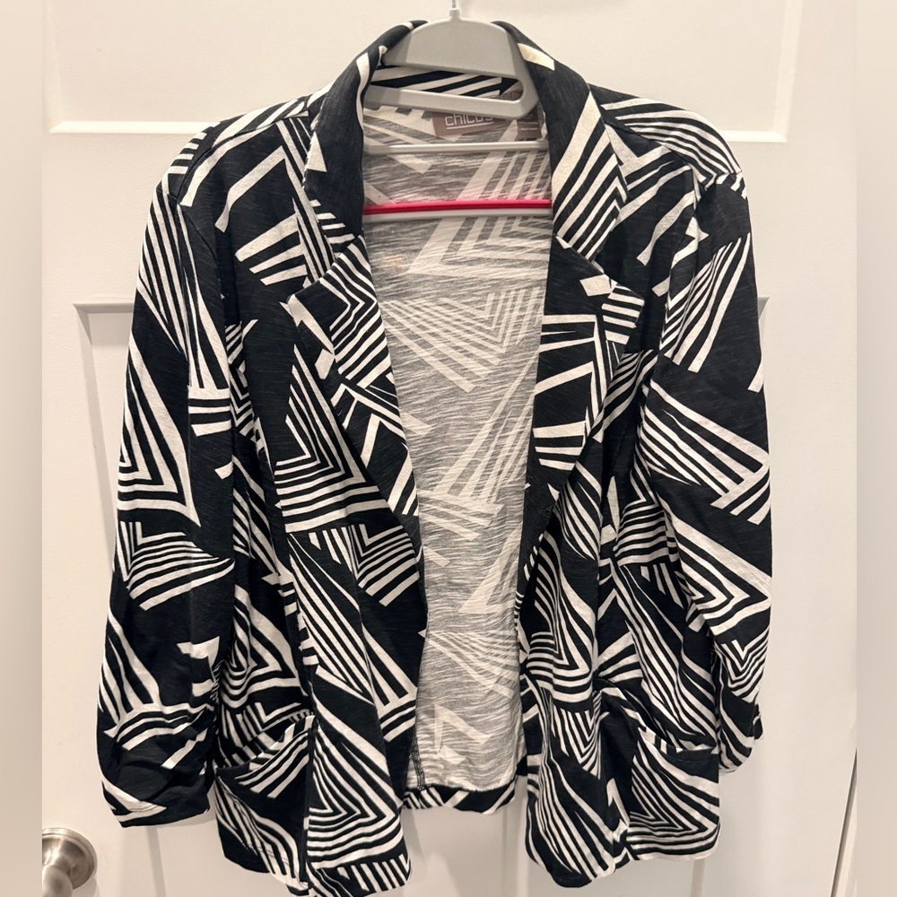Chico’s Size 1 Black White Geometric Print Open Front Blazer Jacket Lined medium